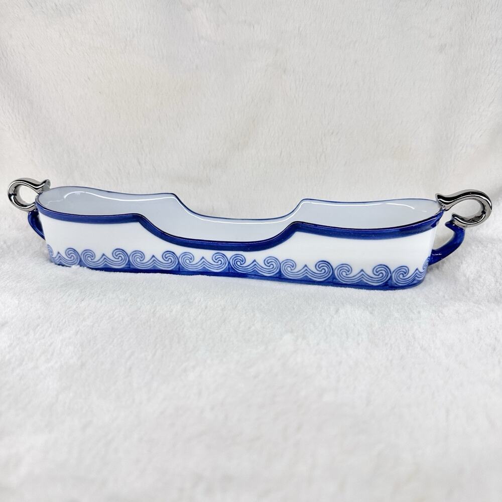 Vintage Bombay Chinoiserie Style Blue White Flatware Holder Tray Olive Boat 12”